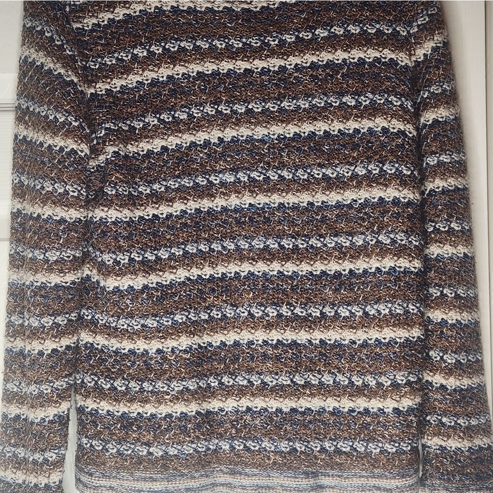 Dressbarn L Women's Brown/Blue/White Silk Cardigan w/Brown Shank Buttons - Picture 8 of 9